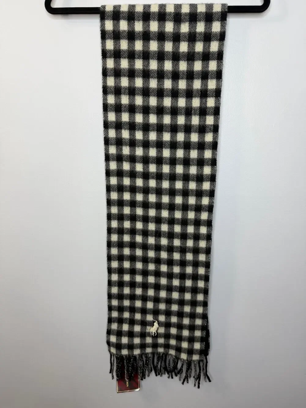 Polo Ralph Lauren Lamb Wool bBlack White Gingham Plaid Fringe Scarf New